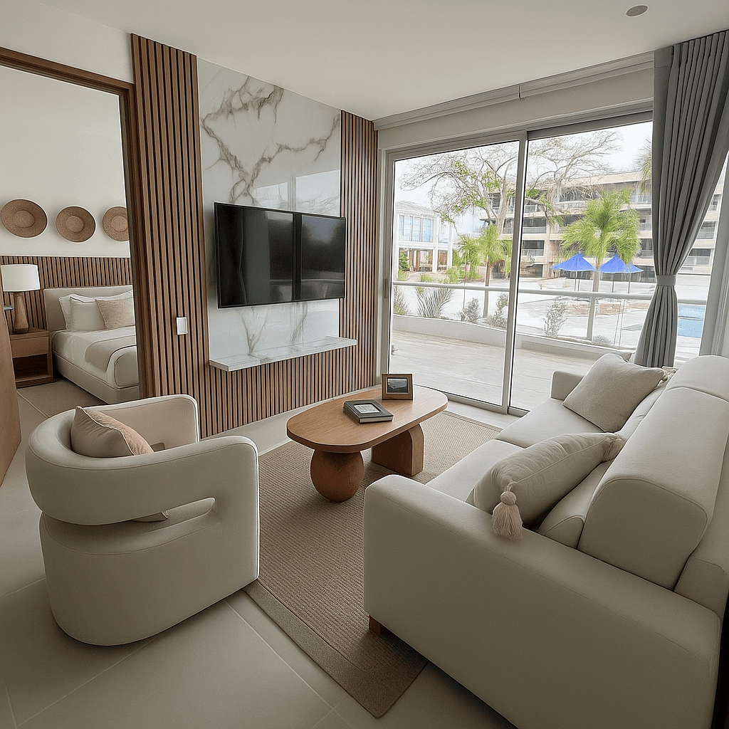 Sala con cortinas a rayas en apartamento dotado por Reddy